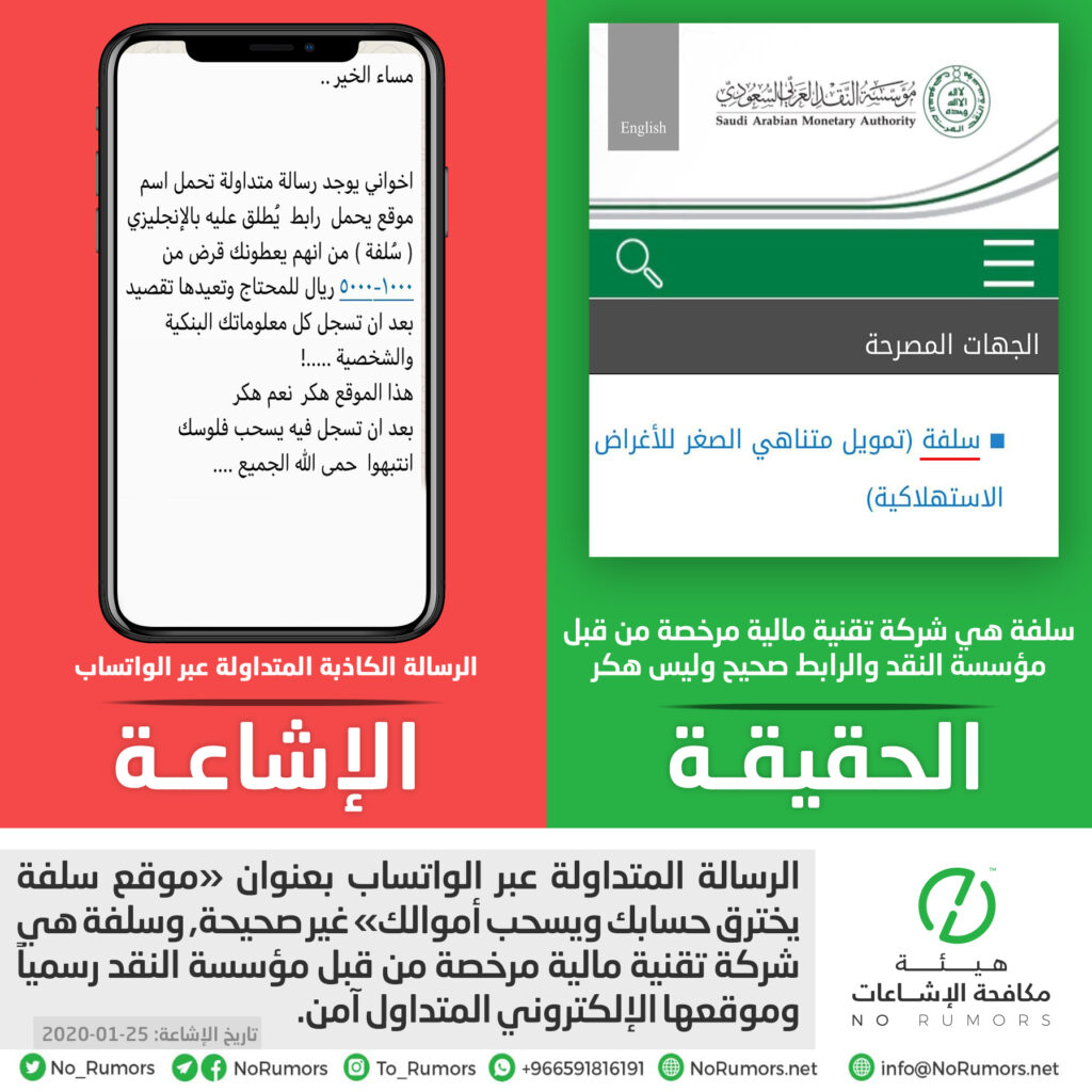حقيقة رسالة «موقع سلفة يخترق حسابك ويسحب أموالك»