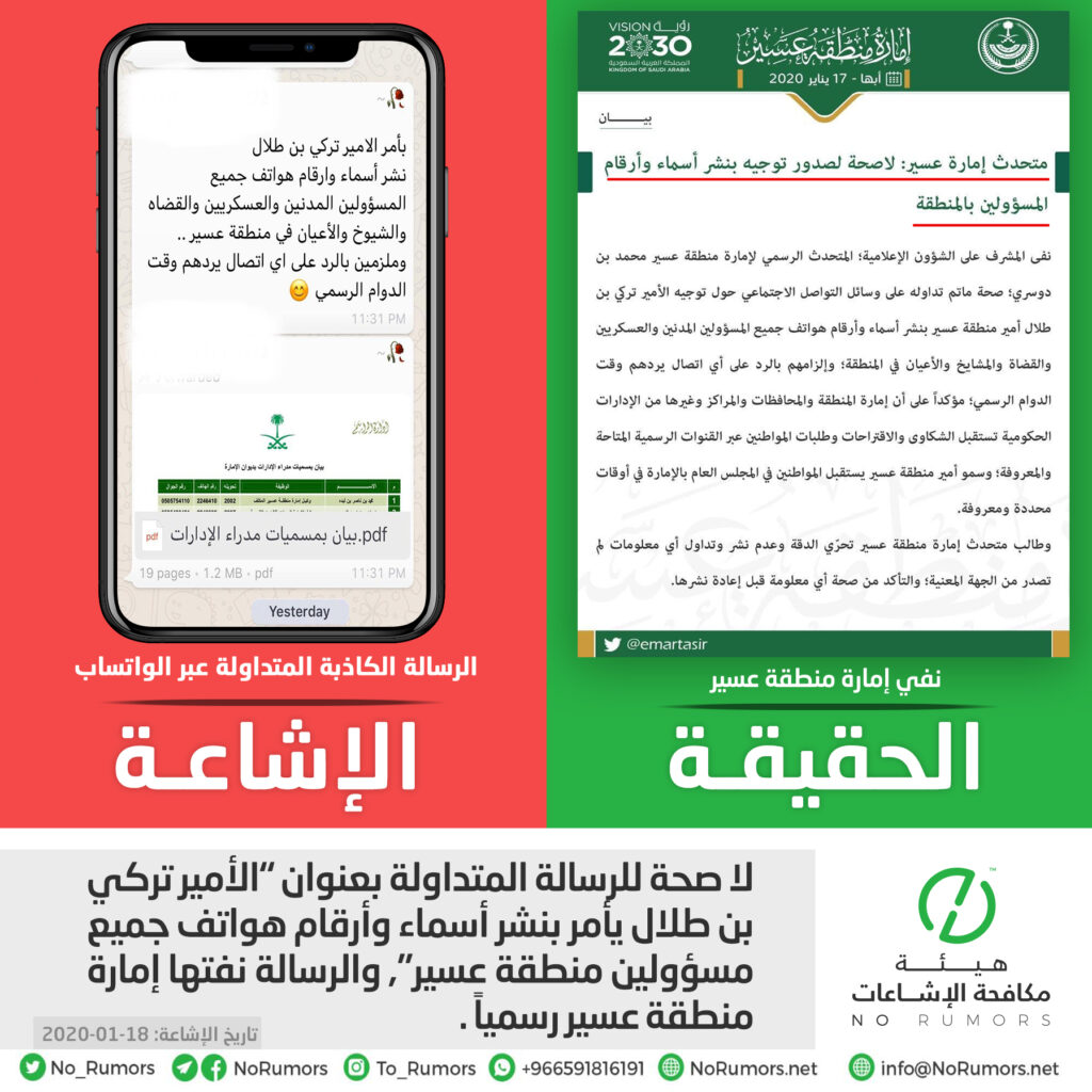 حقيقة رسالة نشر أسماء وأرقام هواتف جميع مسؤولين منطقة عسير