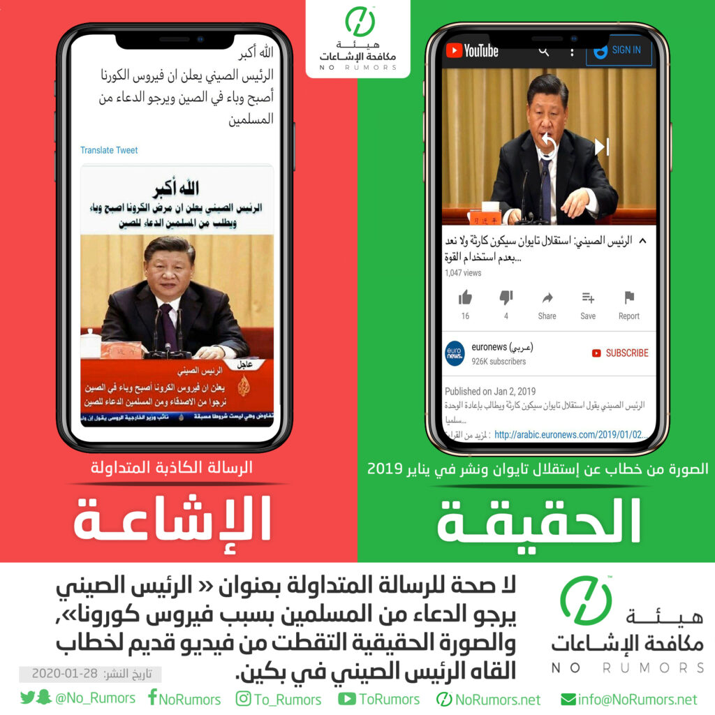حقيقة الرسالة المتداولة بعنوان «الرئيس الصيني يرجو الدعاء من المسلمين بسبب فيروس كورونا»