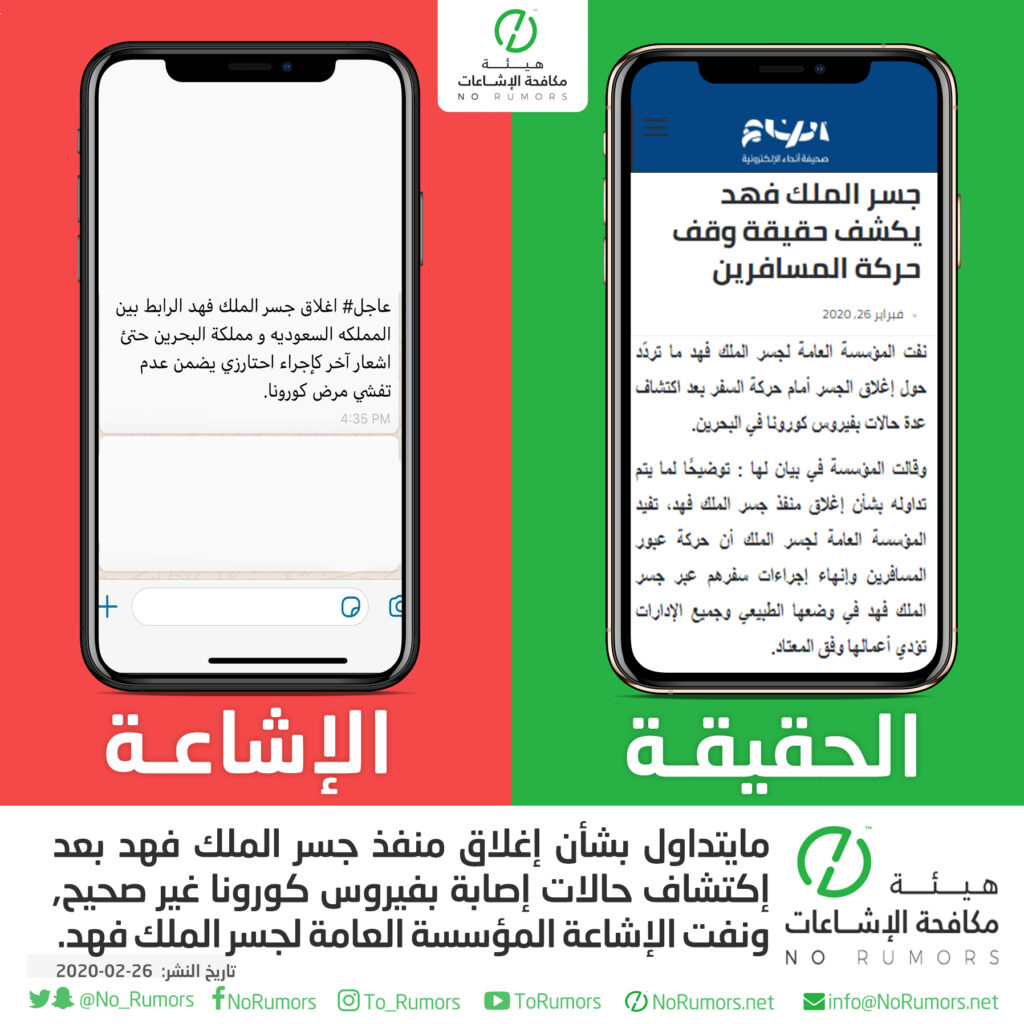 حقيقة إغلاق منفذ جسر الملك فهد بعد إكتشاف حالات إصابة بفيروس كورونا