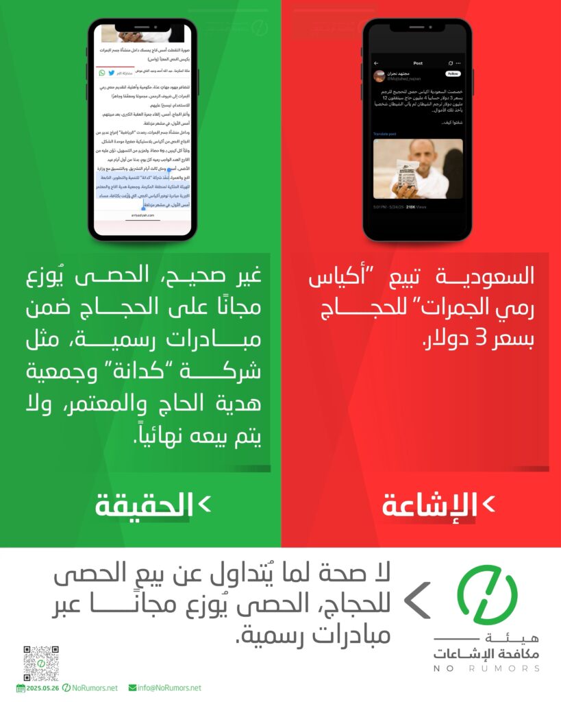 الحديث مجددًا عن بيع الحصى للحجاج في السعودية غير صحيح.

الحصى يُوزع مجانًا ضمن مبادرات رسمية تشرف عليها وزارة الحج والعمرة.

وتُعد هذه الإشاعات جزءًا من حملة ممنهجة للتشويش يروج لها سنويًا أعداء السعودية مع اقتراب موسم الحج.

